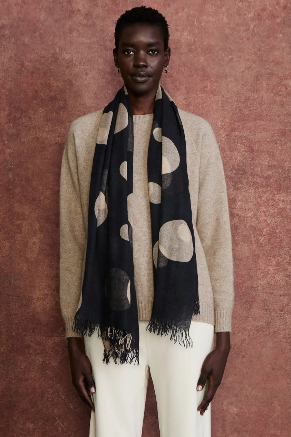 Cashmere and Silk Scarf Black Polka Dot