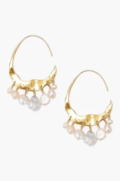 Crescent White Pearl and Gold Hoop Earrings
