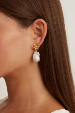 Gold Hibiscus Pearl Drop Earrings