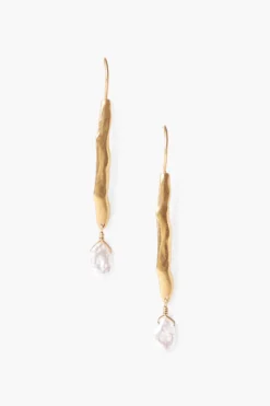 Gold Wave Pearl Drop Earrings White