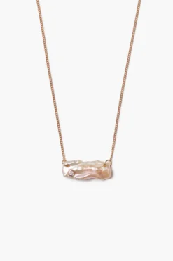 14k Diamond Biwa Bar Necklace Pearl
