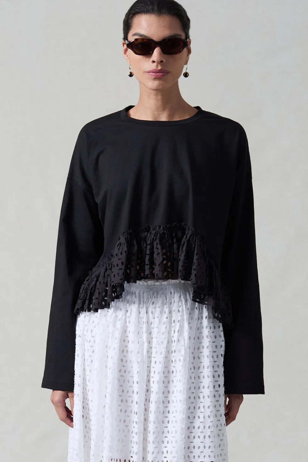 Laser Cut High Low Long Sleeve Tee Black