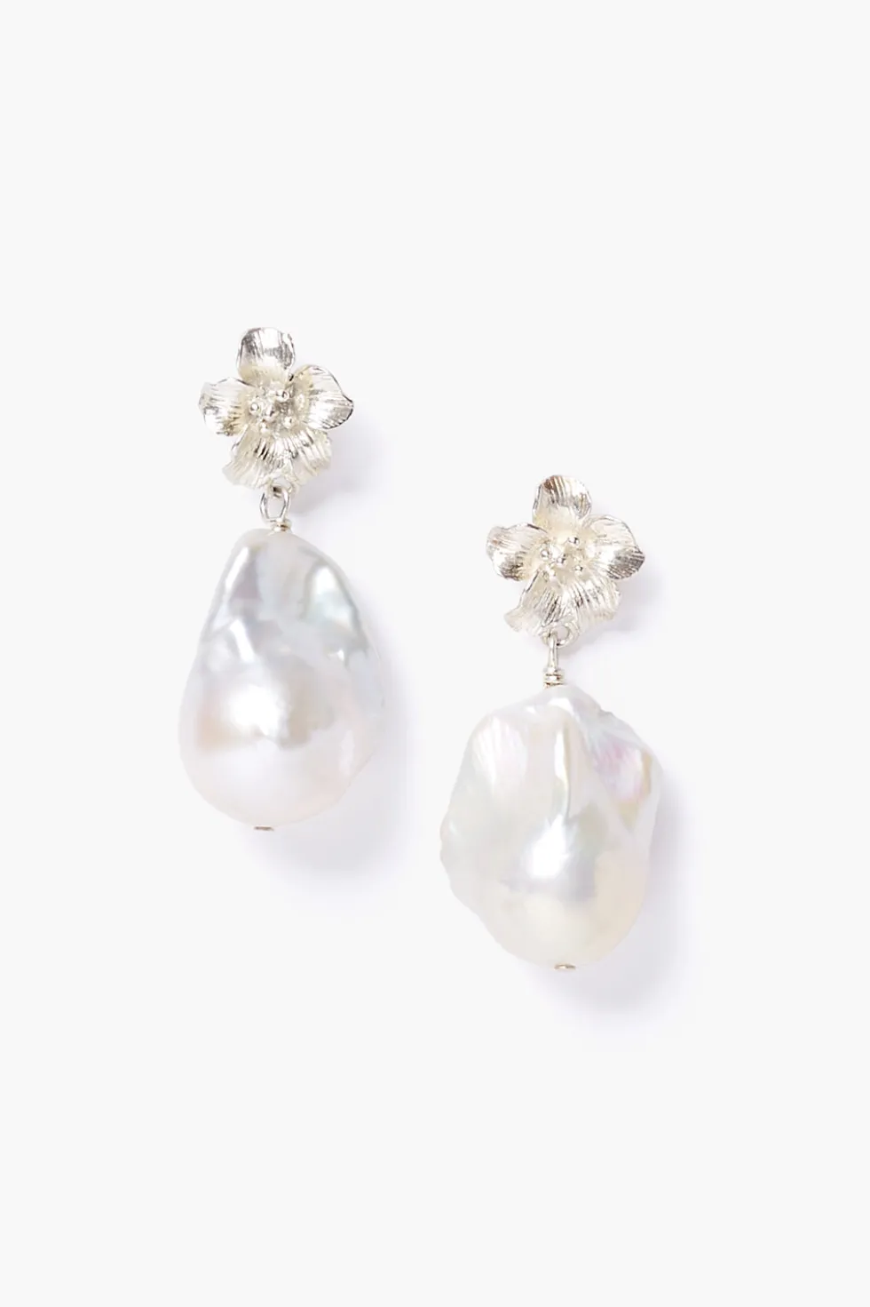 Silver Hibiscus Pearl Drop Earrings